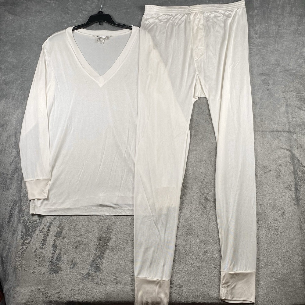 Vtg‎ WinterSilks Base Layer Set Mens Sz XL Ivory 100% Silk Pants Top V-Neck L/S